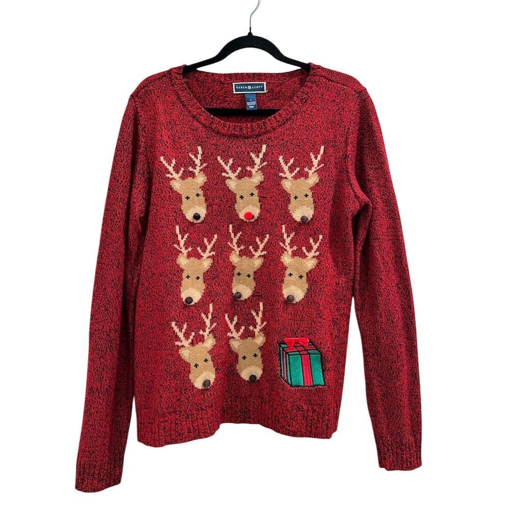 Karen Scott Women's Large Red Vintage Christmas Reindeer Pullover Sweater